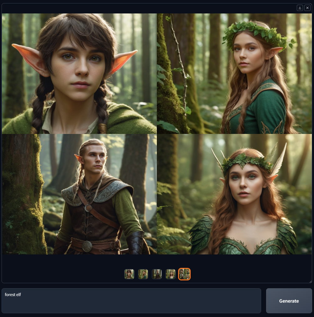 图1 Fooocus 主界面:输入 forest elf 后一次生成四张森林精灵结果,底部为缩略图选择器与 Generate 按钮(官方 README 头图)