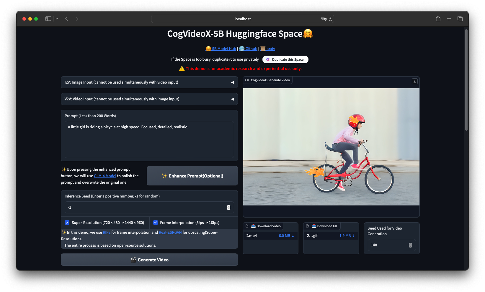 图1 CogVideoX-5B 官方 Hugging Face Space 界面(README 官方截图:图生视频 / 视频续写、提示词、种子、超分与插帧开关、生成结果与下载区)