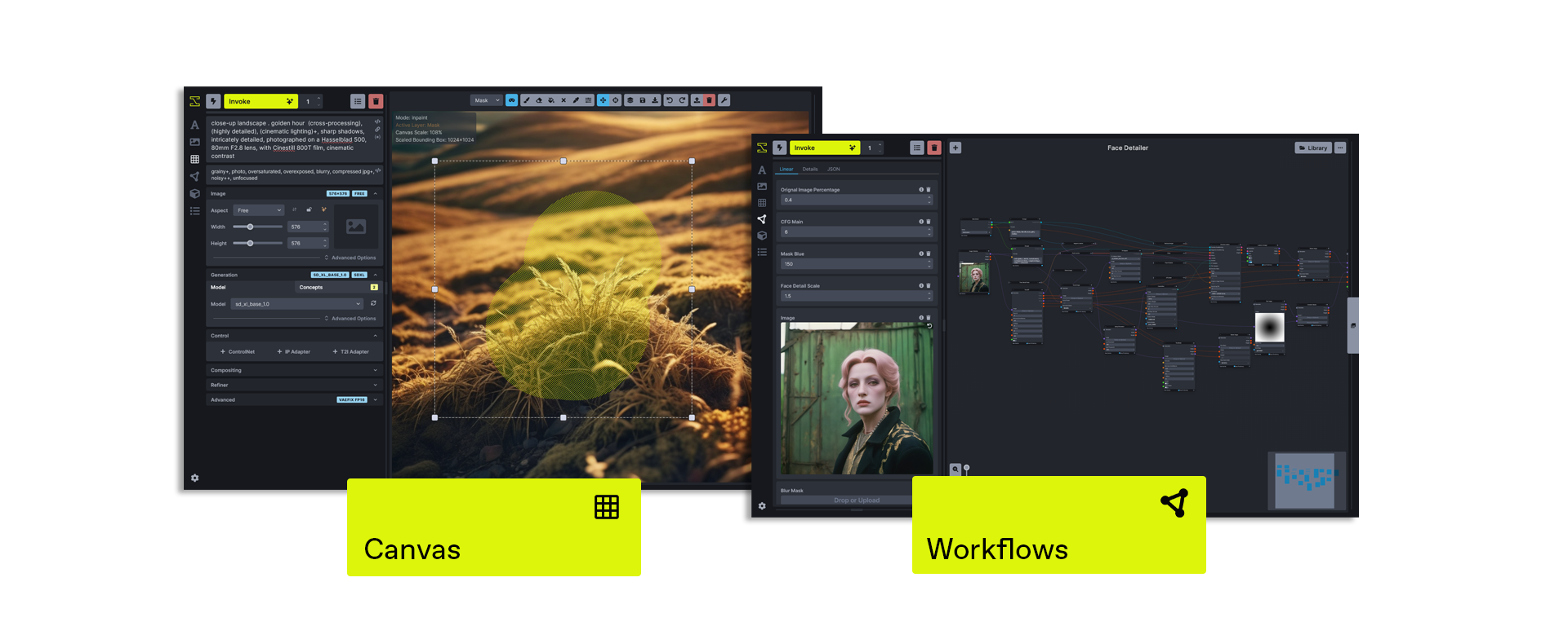 图2 Unified Canvas 局部重绘与节点式 Workflows 界面（README 官方功能图）