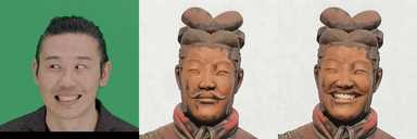 图2 真人参考驱动兵马俑表情迁移前后对比(README 人类模式示例静态帧)