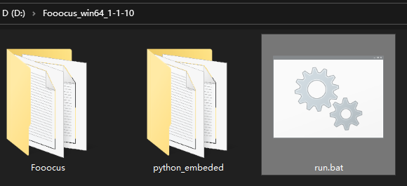 图2 Windows 便携包解压后的目录:Fooocus 程序目录、python_embeded 内嵌运行时与 run.bat 启动脚本(官方 README 截图)