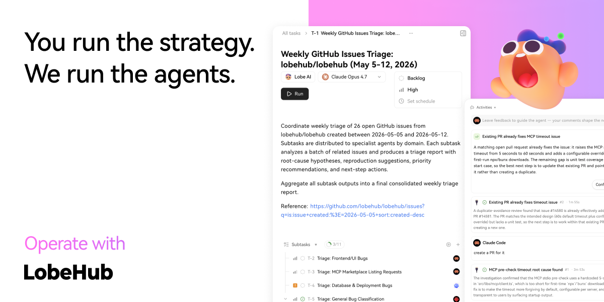 图2 Operator 运营视图：定时运行的每周 GitHub Issues 分诊任务、子任务分工与活动记录（README 官方截图）