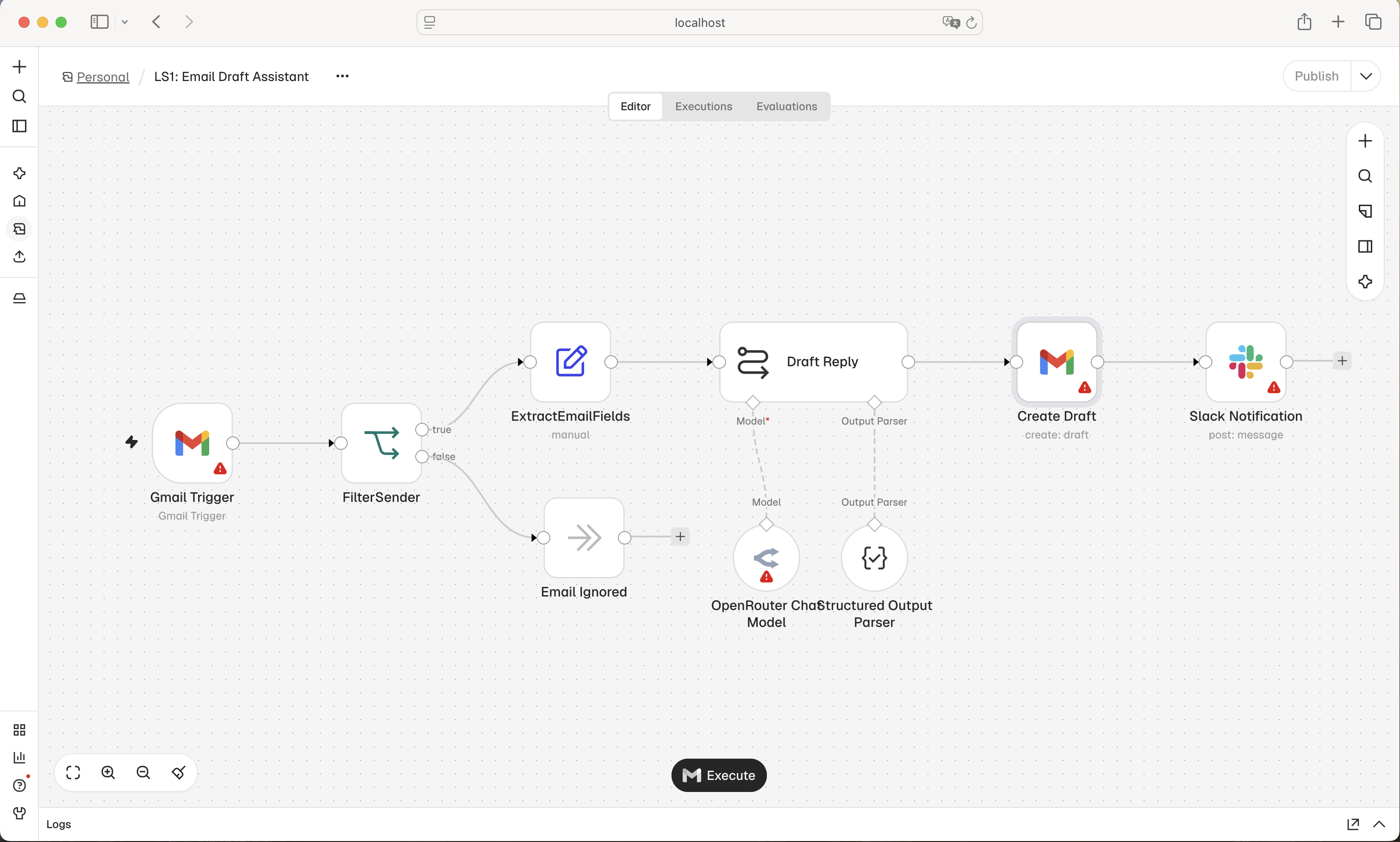 图2 n8n 工作流画布示例:Gmail 触发、条件过滤、AI 模型草稿回复、创建草稿与 Slack 通知(官方 README 截图)