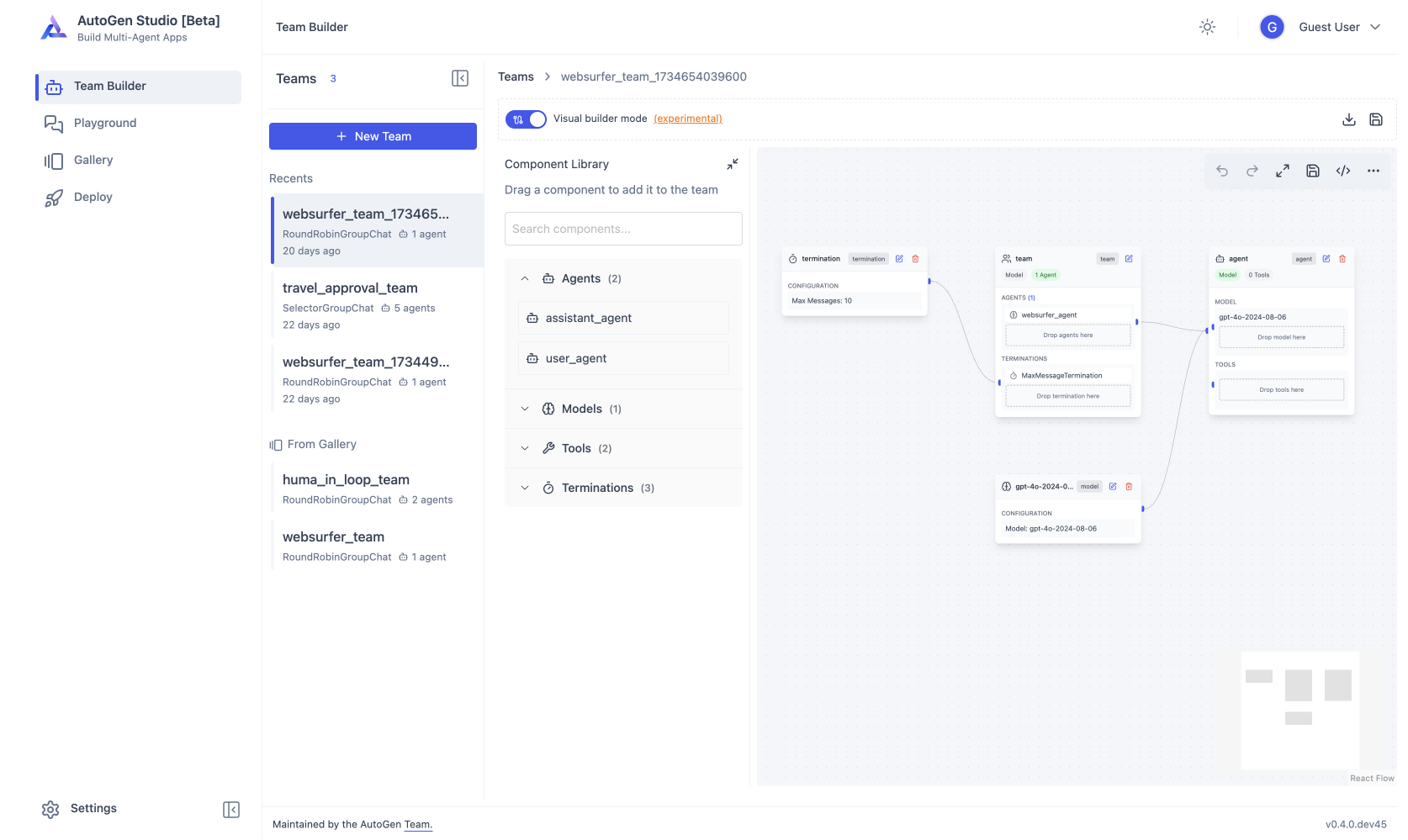 图2 AutoGen Studio Team Builder 官方界面截图(仓库官方素材)