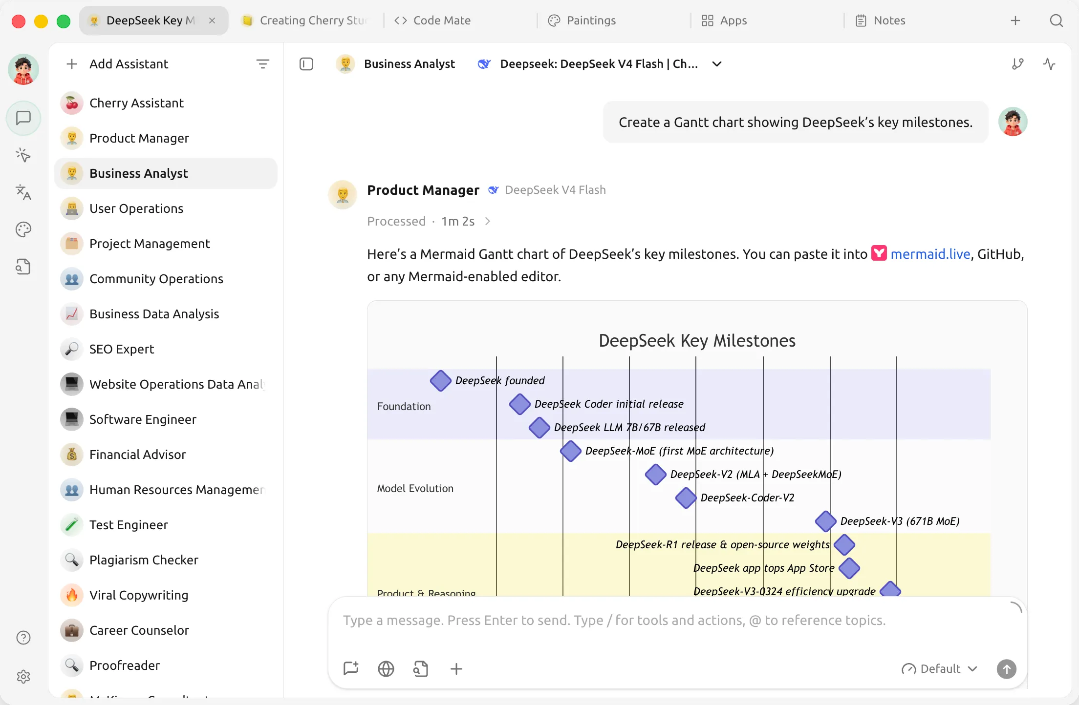 图2 会话界面:Markdown、代码高亮与 Mermaid 图表渲染(README 官方截图)