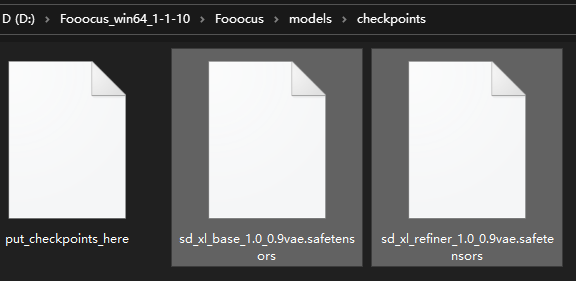 图3 models/checkpoints 模型目录:put_checkpoints_here 占位文件与 SDXL Base / Refiner 权重放置位置(官方 README 截图)