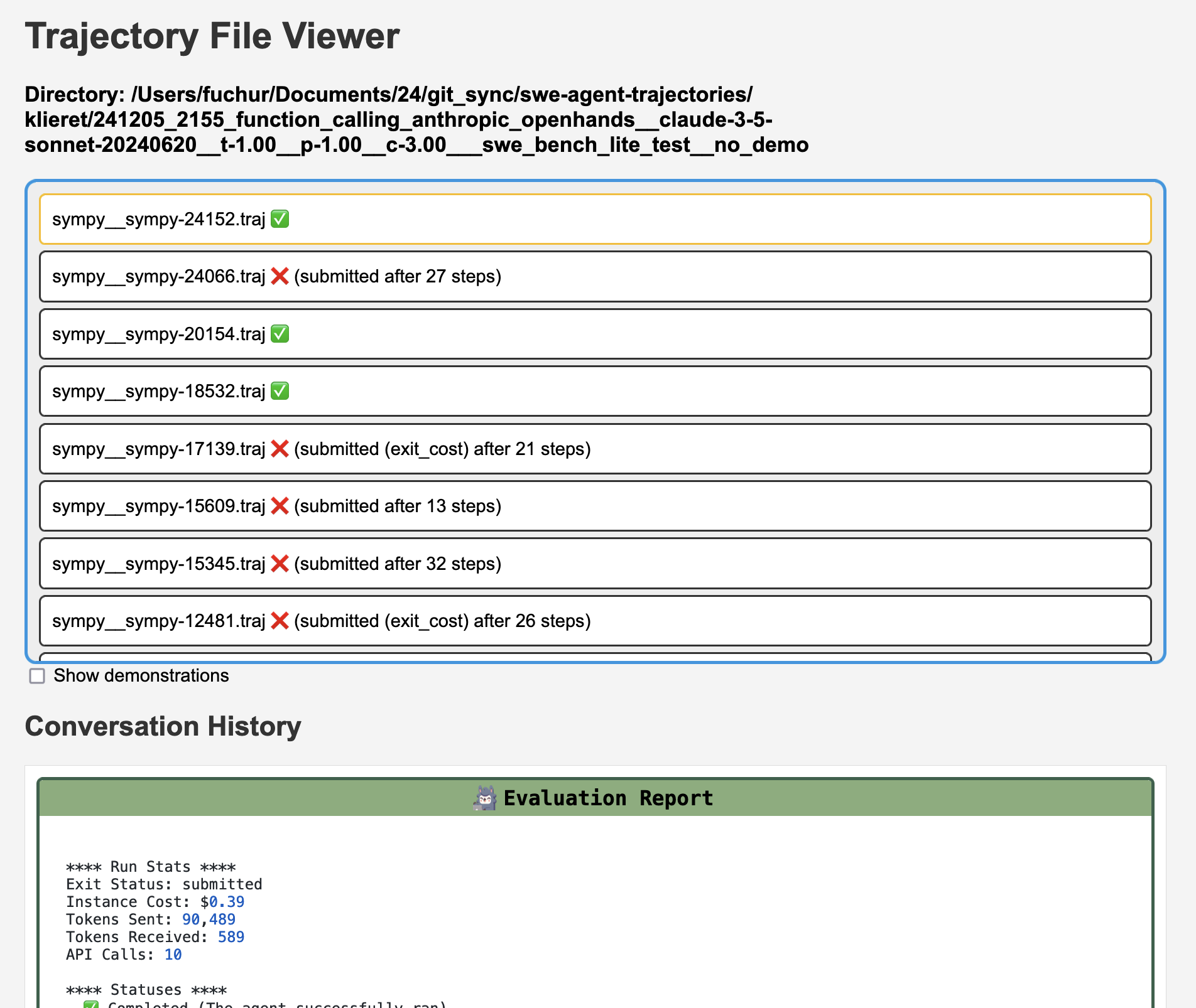 图3 官方轨迹检查器(Web Inspector)轨迹列表:成功/失败状态、成本与 Token 统计