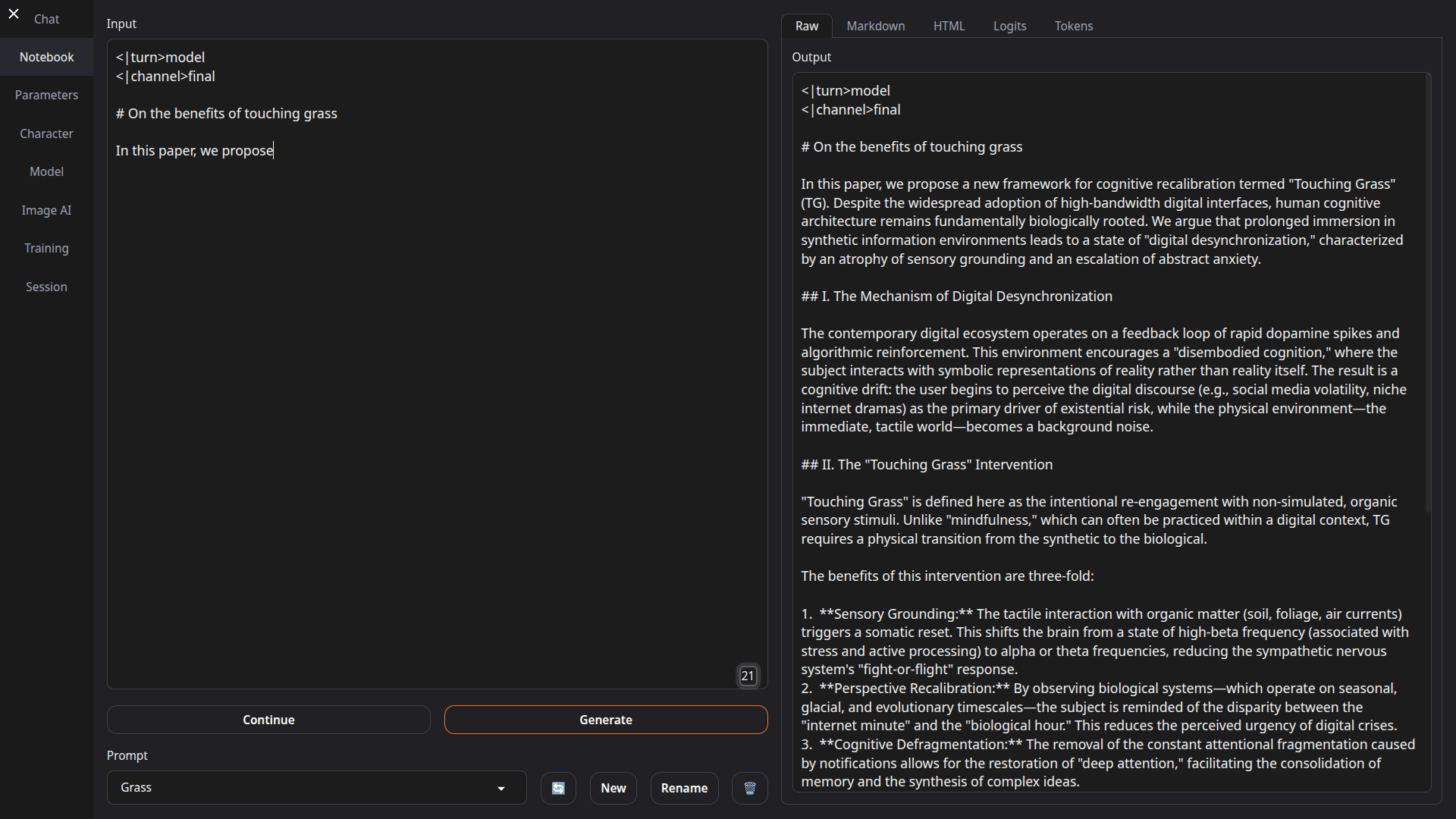 图3 Notebook 标签:自由文本续写,支持 Raw / Markdown / HTML / Logits / Tokens 视图与 Continue / Generate(官方截图)