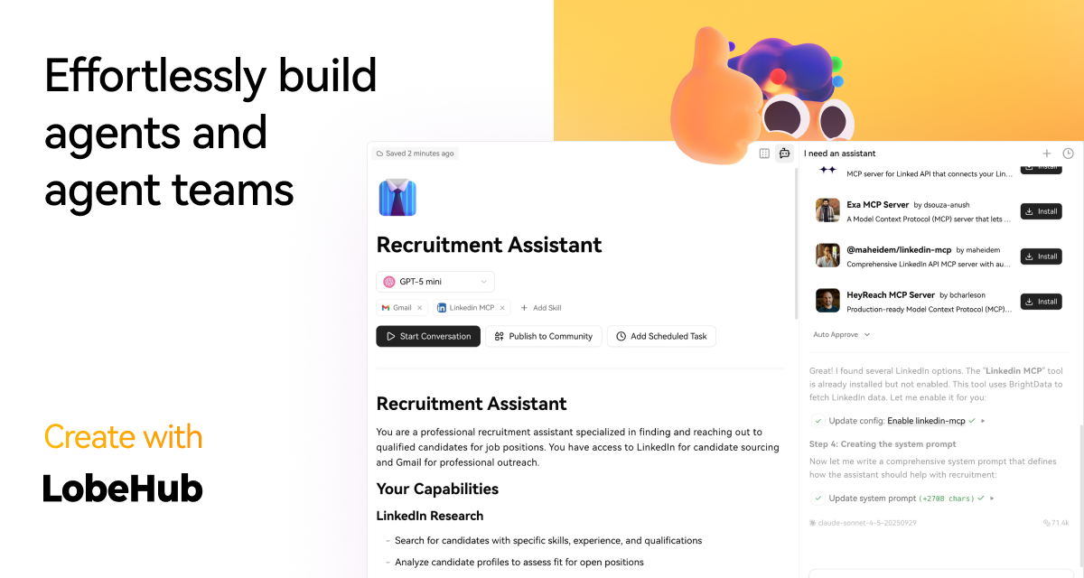图4 Agent Builder：描述需求即可生成助手，配置模型、MCP 服务器、技能与定时任务（README 官方截图）