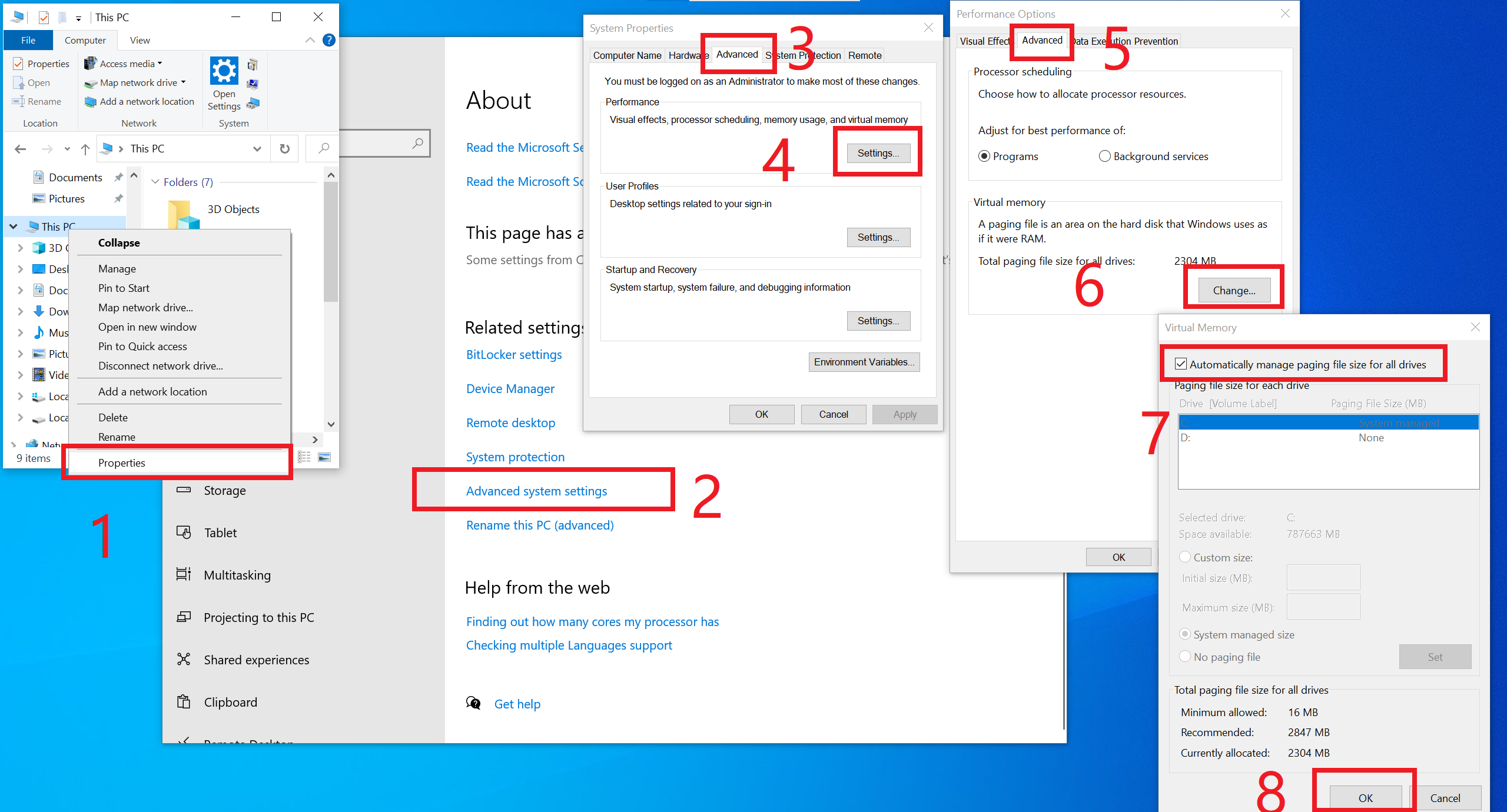图5 Windows 系统虚拟内存(分页文件)设置八步指引:此电脑属性→高级系统设置→高级→性能设置→高级→更改→自动管理或自定义→确定(官方 troubleshoot 截图)