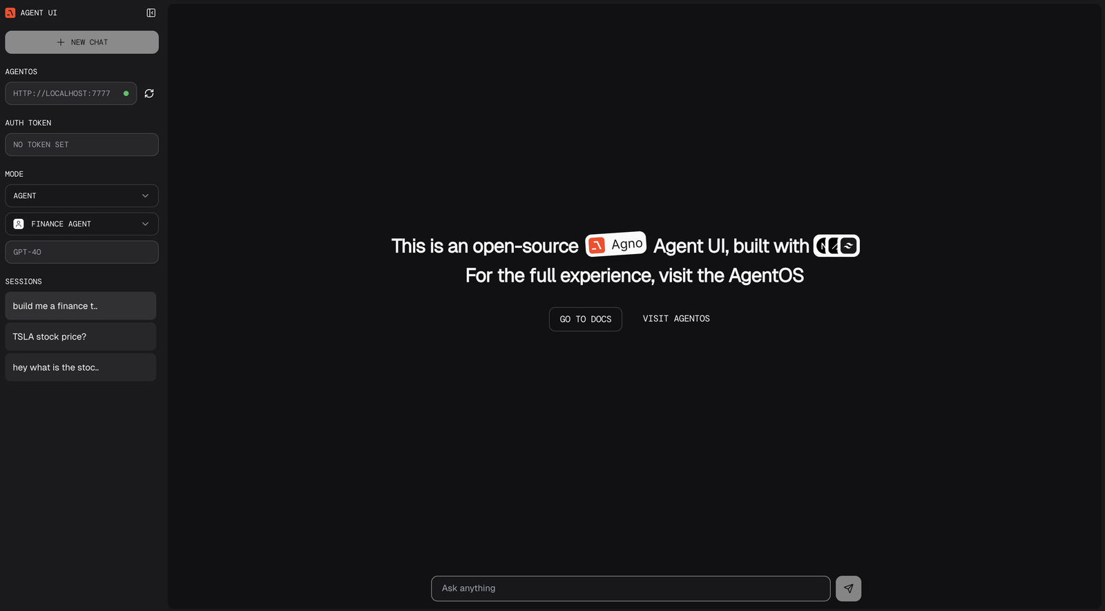 Agent UI 主页:连接本地 AgentOS 后选择 Agent 并开始会话