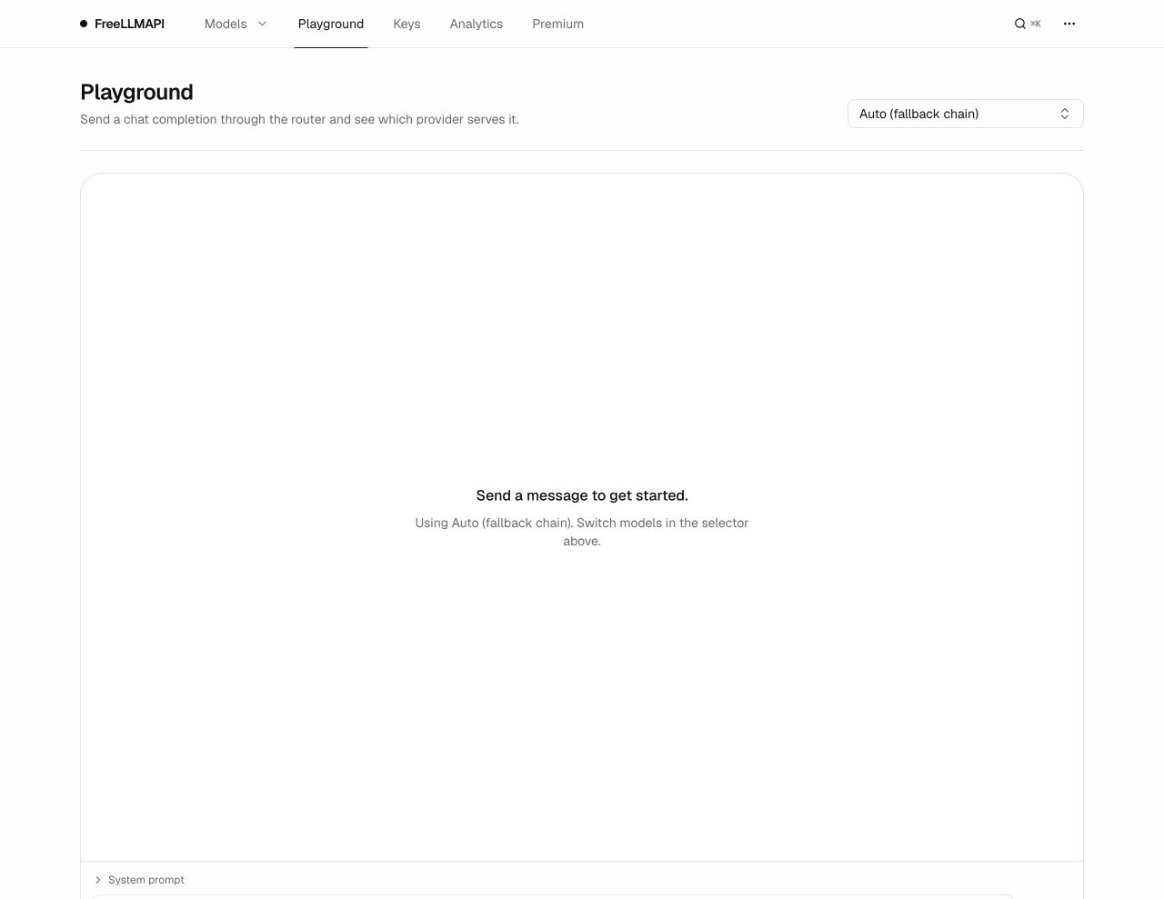图 6 Playground 空状态:发送消息后展示出力提供商、模型 ID 与延迟,右上角可选择 Auto (fallback chain) 策略