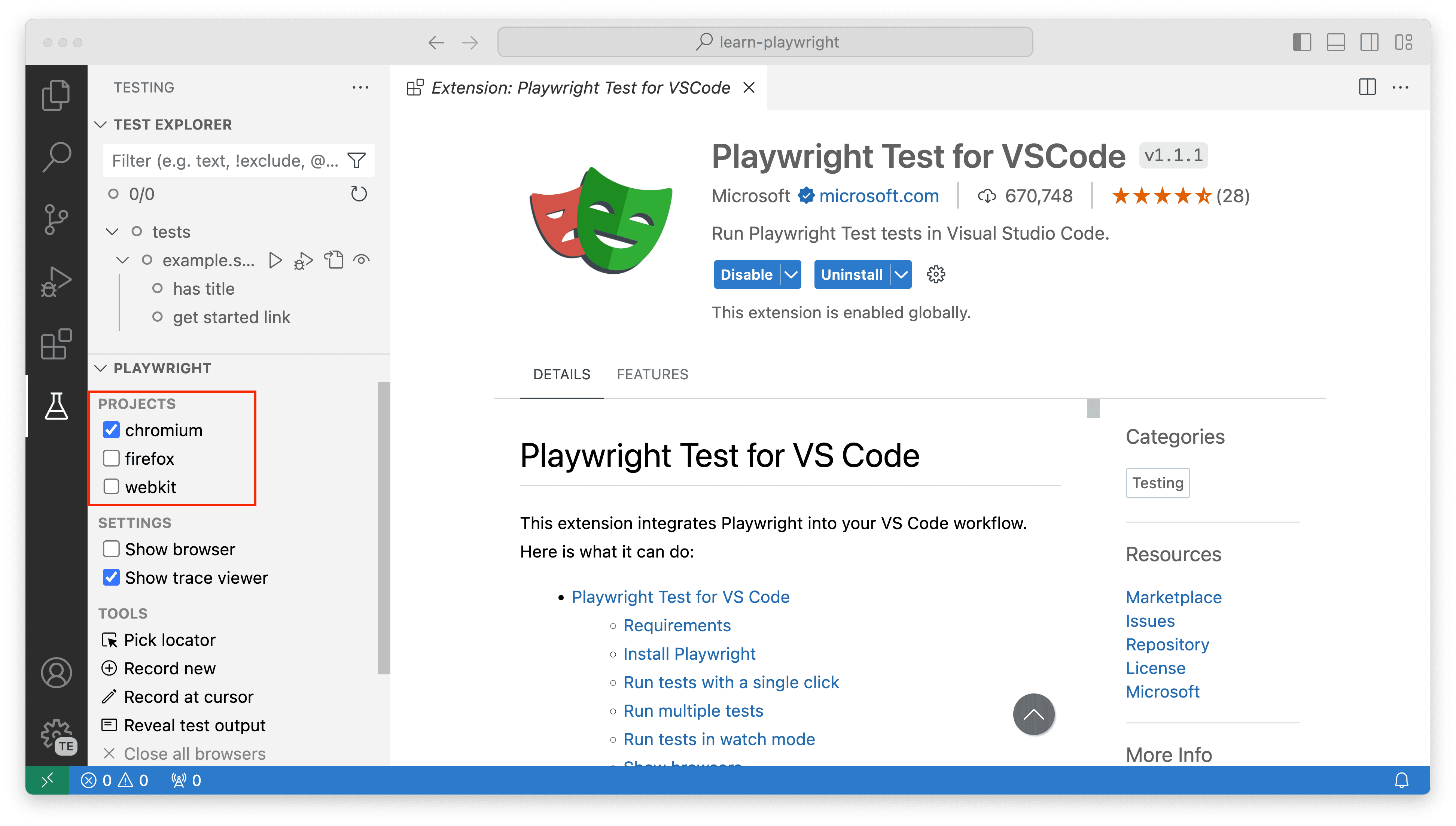 Playwright VS Code 扩展界面