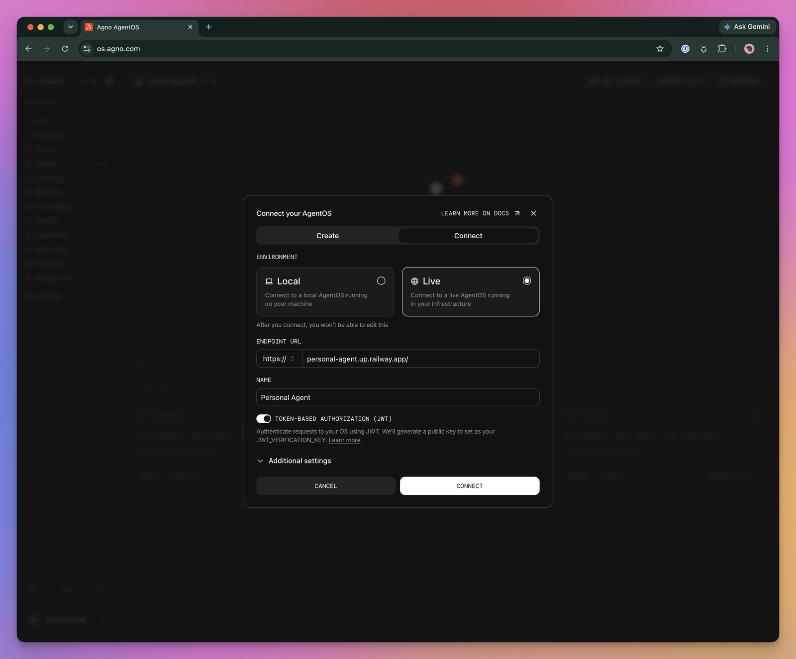 在 os.agno.com 连接 Live AgentOS 并开启 Token-Based Authorization (JWT)
