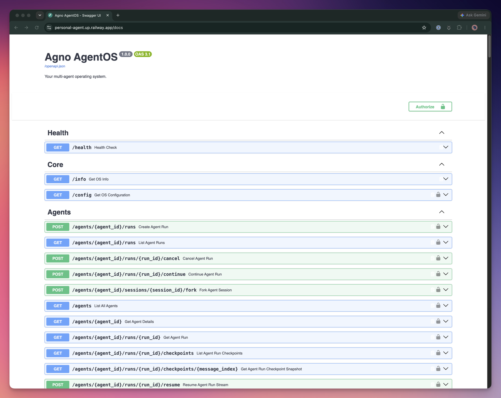 部署到 Railway 后的 AgentOS Swagger 文档(/docs),Health/Core/Agents 端点分组