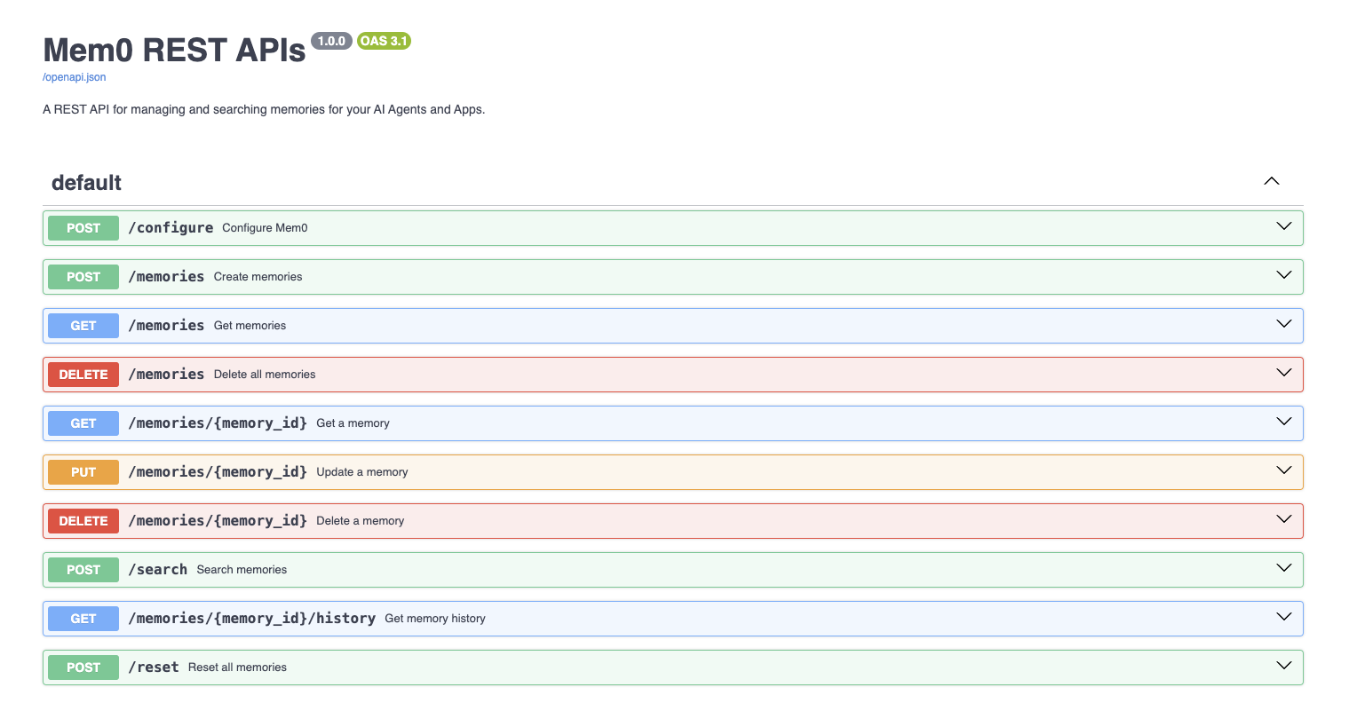 Mem0 自托管 REST API 的 OpenAPI 文档页面(/docs)